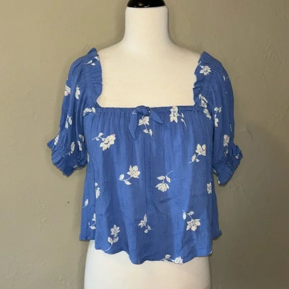BILLABONG off the shoulder blue floral babydoll top cuffed sleeve in women’s S - Picture 2 of 10